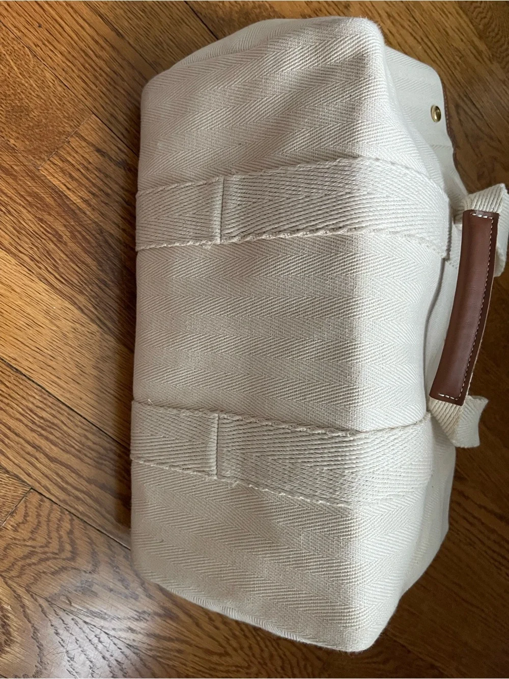 Cream Canvas Tote with Brown Trim and Gold Ring Accent
